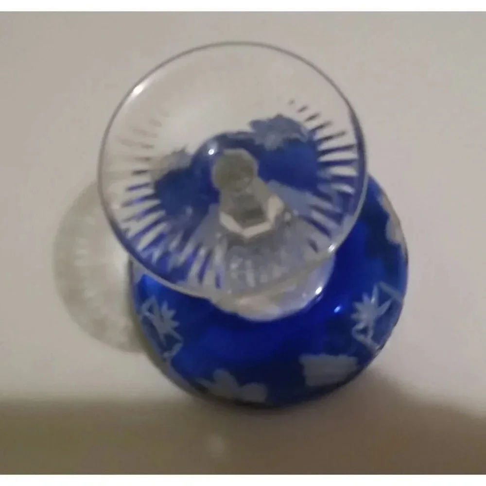 Cobalt Blue Etched Cut to CLEAR Crystal Champagne Glass Poland witg Orig Sticker